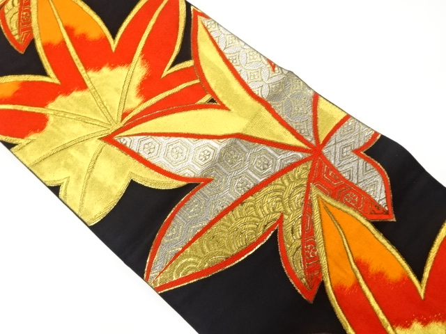 アンティーク　服部織物製　鳴緞子　紅葉に古典柄織り出し袋帯（材料）